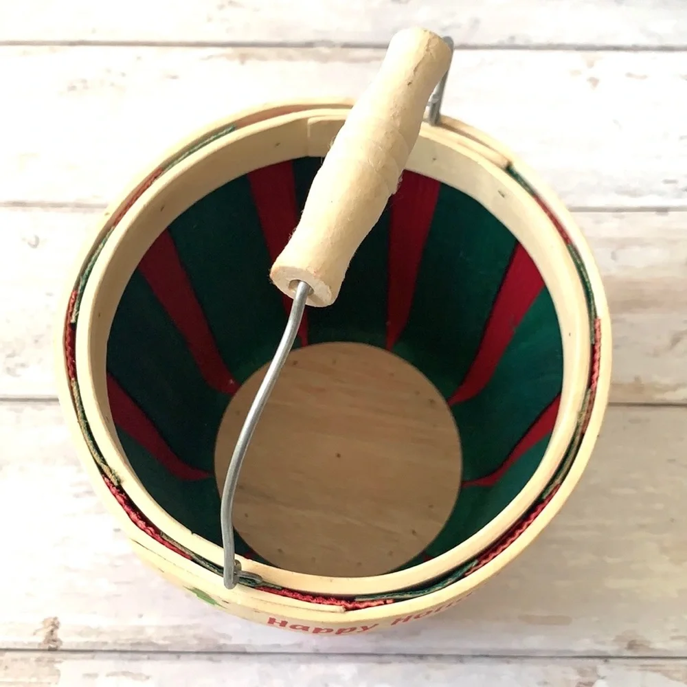 Christmas Happy Holidays Wood Basket Red Green Bucket 7.5in Diameter Hobby Lobby